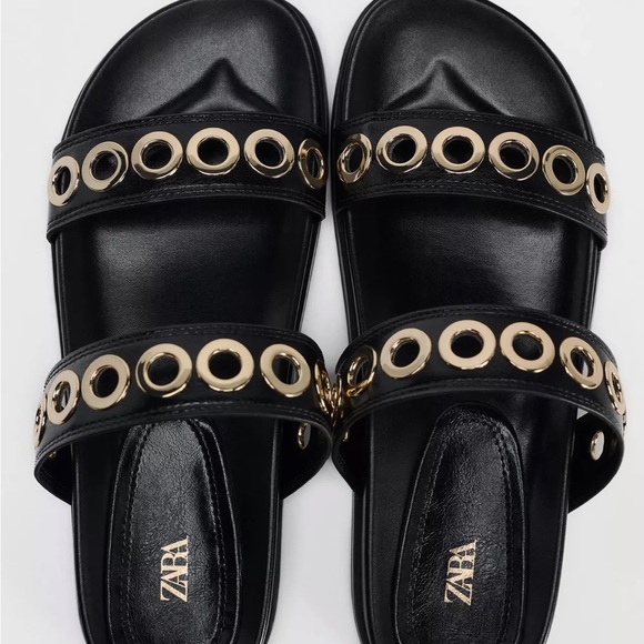 Zara Black Sandals with Gold details on strap rounded - Picture 1 of 2